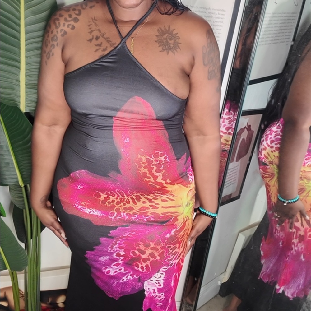 SHEIN Black Maxi Dress with Pink and Orange Floral